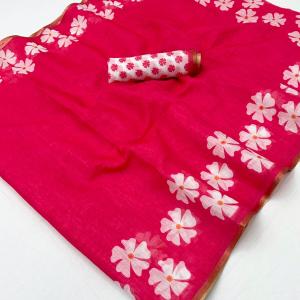 Profuse Dark Pink Printed Cotton Silk Saree With Exquisite Blouse Piece