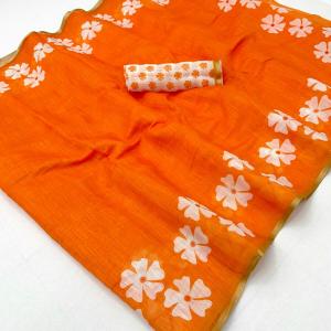 Majestic Orange Printed Cotton Silk Saree With Dazzling Blouse Piece