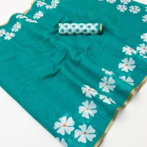 Flamboyant Sea Green Printed Cotton Silk Saree With Imaginative Blouse Piece