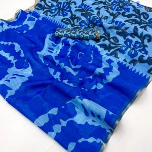 Twirling Royal Blue Printed Cotton Silk Saree With Piquant Blouse Piece