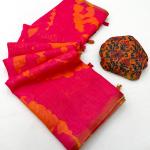 Elision Dark Pink Printed Cotton Silk Saree With Magnetic Blouse Piece