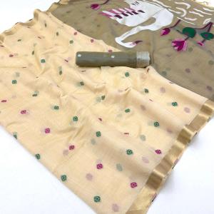 Glamorous Beige Pure Munga Cotton Silk Saree With Flaunt Blouse Piece