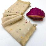 Elaborate Beige Pure Munga Cotton Silk Saree With Unequalled Blouse Piece