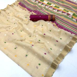 Elaborate Beige Pure Munga Cotton Silk Saree With Unequalled Blouse Piece