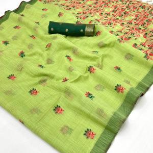 Luminous Pista Pure Munga Cotton Silk Saree With Serendipity Blouse Piece