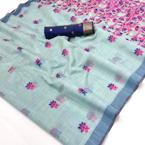 Scintilla Sea Green Pure Munga Cotton Silk Saree With Gossamer Blouse Piece