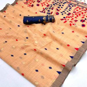 Luminous Peach Pure Munga Cotton Silk Saree With Stunner Blouse Piece