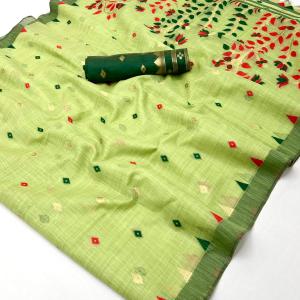 Preferable Green Pure Munga Cotton Silk Saree With Efflorescence Blouse Piece
