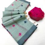 Preferable Sea Green Pure Munga Cotton Silk Saree With Precious Blouse Piece
