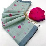 Staring Sea Green Pure Munga Cotton Silk Saree With Lovely Blouse Piece
