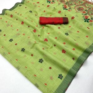 Susurrous Pista Pure Munga Cotton Silk Saree With Glamorous Blouse Piece