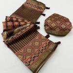 Skinny Brown Ajrakh Printed Soft Silk Saree With Rhapsody Blouse Piece