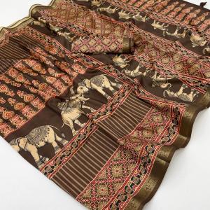 Skinny Brown Ajrakh Printed Soft Silk Saree With Rhapsody Blouse Piece