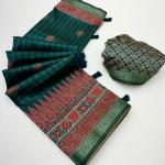 Flameboyant Dark Green Ajrakh Printed Soft Silk Saree With Invaluable Blouse Piece