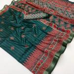 Flameboyant Dark Green Ajrakh Printed Soft Silk Saree With Invaluable Blouse Piece