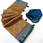 Seraphic Mustard Ajrakh Printed Soft Silk Saree With Scrupulous Blouse Piece