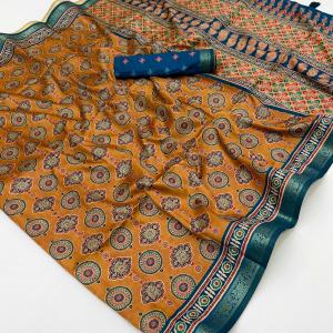 Seraphic Mustard Ajrakh Printed Soft Silk Saree With Scrupulous Blouse Piece