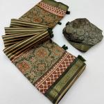 Enthralling Green Ajrakh Printed Soft Silk Saree With Moiety Blouse Piece