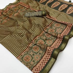 Enthralling Green Ajrakh Printed Soft Silk Saree With Moiety Blouse Piece