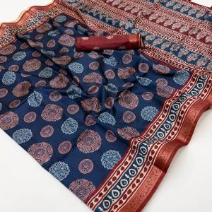 Groovy Navy Blue Ajrakh Printed Soft Silk Saree With Engaging Blouse Piece