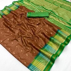 Energetic Brown Pure Zari Weaving Banarasi Tussar Silk Saree With Seraglio Blouse Piece