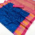 Pleasurable Navy Blue Pure Zari Weaving Banarasi Tussar Silk Saree With Lassitude Blouse Piece