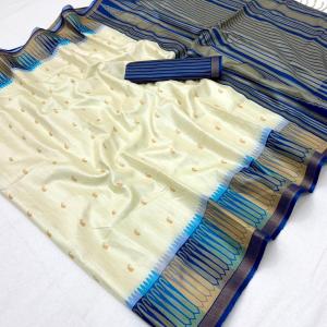 Snazzy Off White Pure Zari Weaving Banarasi Tussar Silk Saree With Traditional Blouse Piece