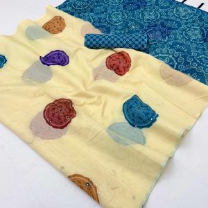 Impressive Beige Printed Cotton Silk Saree With Prettiest Blouse Piece