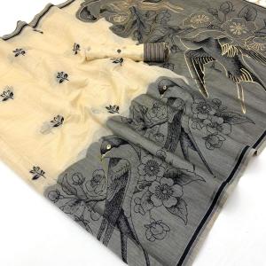 Panoply Beige Pure Munga Cotton Silk Saree With Verdant Blouse Piece