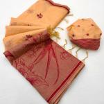 Staggering Peach Pure Munga Cotton Silk Saree With Diaphanous Blouse Piece