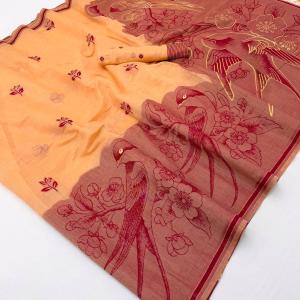 Staggering Peach Pure Munga Cotton Silk Saree With Diaphanous Blouse Piece