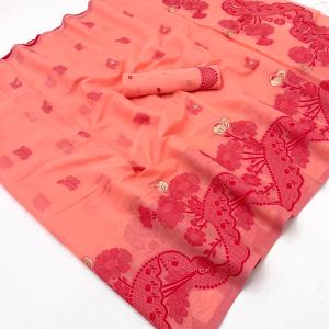 Mesmerising Peach Jamdani Cotton Silk Saree With Deserving Blouse Piece
