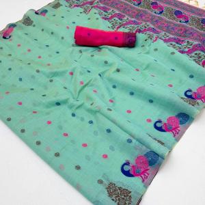 Embrocation Turquoise Pure Munga Cotton Silk Saree With Seraglio Blouse Piece