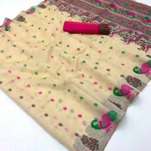 Fantabulous Beige Pure Munga Cotton Silk Saree With Imaginative Blouse Piece