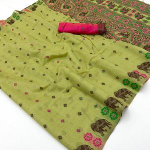 Grandiose Pista Pure Munga Cotton Silk Saree With Stunner Blouse Piece