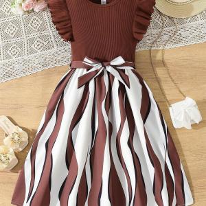 Girls Brown Ribbed Party Dress with Printed Flared Skirt