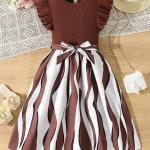 Girls Chocolate Brown Ribbed Dress with Striped A-Line Skirt & Waist Bow