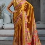 Stunning Golden Ajrakh Printed Satin Silk Saree With Pretty Blouse Piece