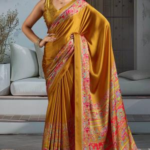 Stunning Golden Ajrakh Printed Satin Silk Saree With Pretty Blouse Piece