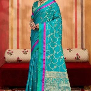 Majestic Firozi Pure Zari Weaving Banarasi Silk Saree With Dissemble Blouse Piece