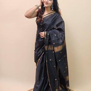 Surpassing Black Cotton Silk Saree With Rhapsody Blouse Piece