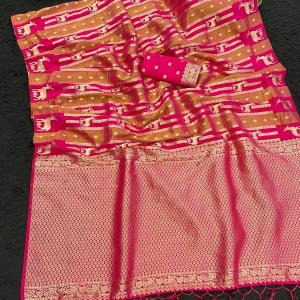 Scrupulous Dark Pink Banarasi Tissue Silk Saree With Impressive Blouse Piece