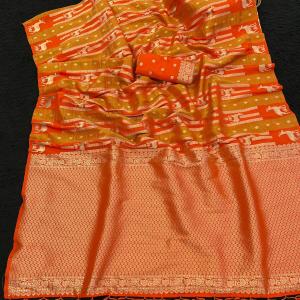 Outstanding Orange Banarasi Tissue Silk Saree With Majestic Blouse Piece