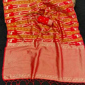 Inimitable Red Banarasi Tissue Silk Saree With Epiphany Blouse Piece