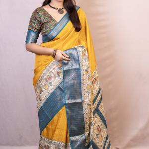 Symmetrical Mustard Digital Printed Dola Silk Saree With Transcendent Blouse Piece