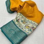 Symmetrical Mustard Digital Printed Dola Silk Saree With Transcendent Blouse Piece