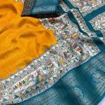 Symmetrical Mustard Digital Printed Dola Silk Saree With Transcendent Blouse Piece
