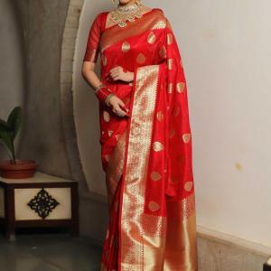 Fairytale Red Soft Silk Saree With Ailurophile Blouse Piece