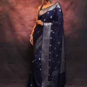 Pretty Navy Blue Soft Silk Saree With Adorning Blouse Piece