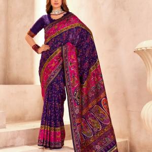 Ethnic Blue Nylon Dola Pashmina Saree With Assemblage Blouse Piece